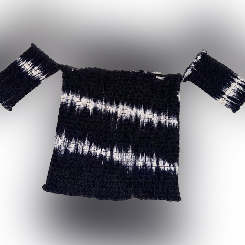 Ruched Dark Blue Off The Shoulder Short Sleeve Top w White Faded Zigzag Stripes